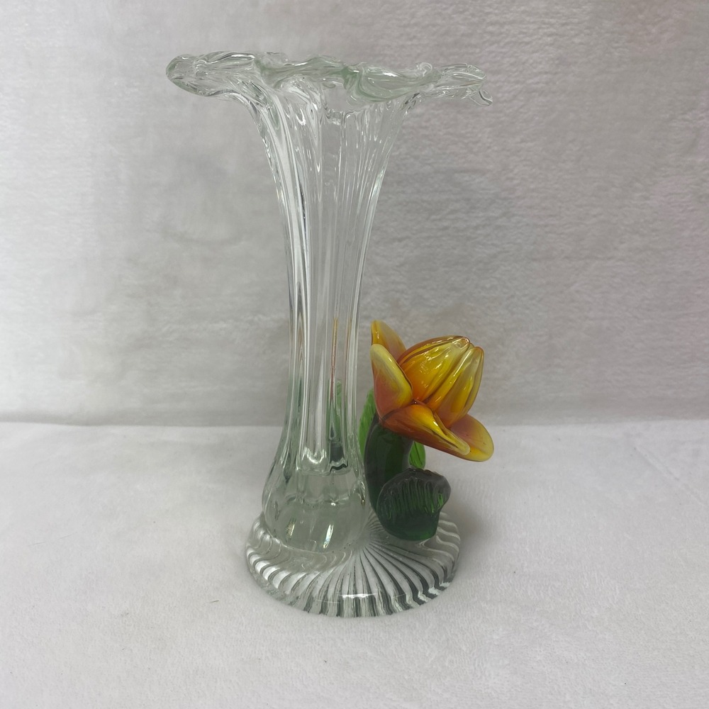 VTG Hand Blown Clear Art Glass Vase Yellow Orange Flower NOS